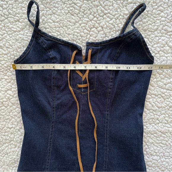 Helium Y2K vintage lace-up stretchy dark denim jean short mini dress front slit - Picture 10 of 11